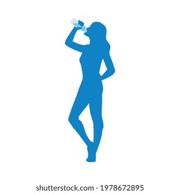 A young woman drinks water from a bottle. A healthy and athletic lifestyle. A blue silhouette of girl with a water bottle. Flat vector illustration isolated on a white background.