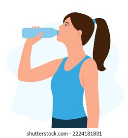 Una mujer joven bebe agua de una botella de plástico. Fitness y salud. El concepto de un estilo de vida saludable. Ilustración vectorial en estilo plano