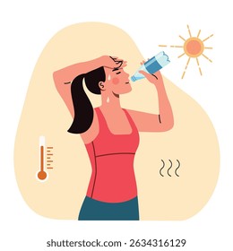 Young woman drinks water under the scorching sun. Hot summer weather. Vector cartoon flat style illustration