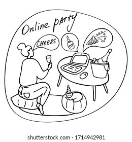 A young woman drinks wine. Online party, birthday celebration during quarantine. Virtual meeting of friends. Communicating people in the internet. Vector hand drawn illustration