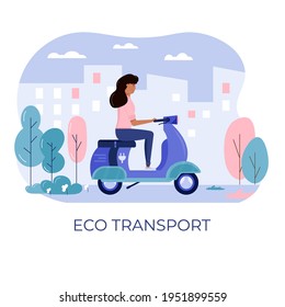 Young woman drive scooter in eco city, transportation in public park. Personal electric transport, green electro scooter, gyroscooter. Ecological vehicle, city life concept