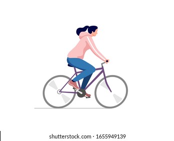 Young woman driving bicycle. Vector illustration.