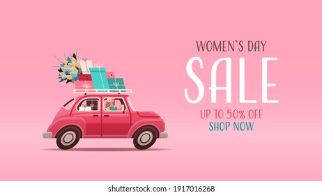 young woman driving car with gifts and flowers womens day 8 march holiday shopping sale concept lettering greeting card horizontal vector illustration