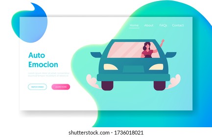 Young Woman Driving Car Landing Page Template. Female Driver Character Use Transport Sharing Service for Transportation in City. Taxi, Automobile Rental and Share. Cartoon Vector Illustration