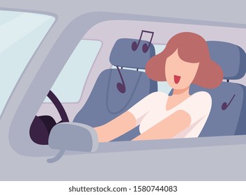 Young Woman Driving a Car and Listening to Music, View from the Inside, Female Driver Character Holding Hands on a Steering Wheel Vector Illustration