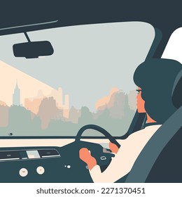 young woman driving car, minimalist vector illustration