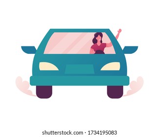 Young Woman Driving Car, Trip to Work or Shopping. Female Driver Character Use Transport Sharing Service for Transportation in City. Taxi, Automobile Rental and Share. Cartoon Vector Illustration