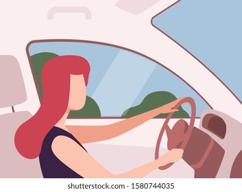 Young Woman Driving a Car, View from the Inside, Female Driver Character Holding Hands on a Steering Wheel Vector Illustration