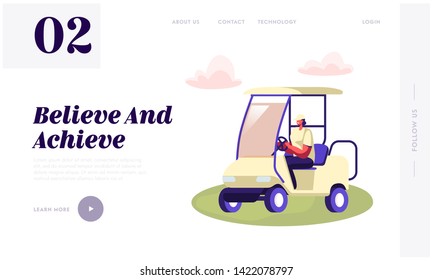 Young Woman Driving Cart on Golf Course Website Landing Page, Country Sports Club, Resort with Green Play Field, Summer Sport Tournament, Competition Web Page. Cartoon Flat Vector Illustration, Banner