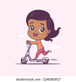 Young woman driving an electric scooter. Indian ethicity, person of color vector cartoon illustration, chibi style