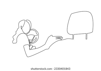 young woman driving license training back parking education looking back line art