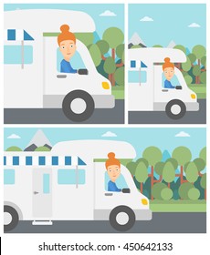 Young woman driving a motor home in the forest. Woman travelling by camper van. Vector flat design illustration. Square, horizontal, vertical layouts.