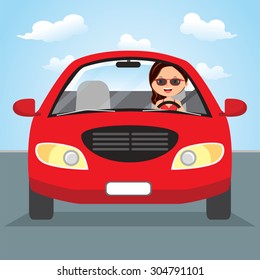 Young woman driving on the road. Vector illustration of a pretty woman driving.