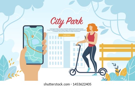 Young Woman Driving Scooter in City Park, Using Mobile App to Watch GPS Location, Outdoors Activity, Dweller Lifestyle in Megapolis, Summer Time. Cartoon Flat Vector Illustration, Horizontal Banner