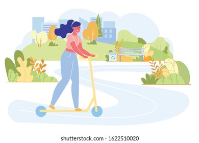 Young Woman Driving Scooter in City Park at Sunny Summer Day. Outdoors Activity, Dweller Lifestyle in Megapolis, Happy Girl Summertime Outdoor Walking Recreation Relax Cartoon Flat Vector Illustration