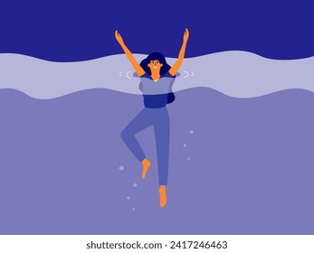 Young woman drowning in deep muddy water vector illustration. Female alcoholism, addiction, mental illness, depression, loss of life balance concept. Scared girl goes to bottom shouting ask for help