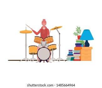 young woman with drum kit on white background