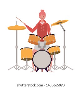 young woman with drum kit on white background