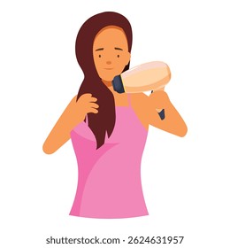 Young woman is drying her long hair after a shower using a hair dryer