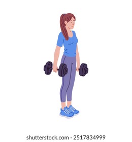 Young woman with dumbbells icon. Fitness Dumbbell. Cartoon girl doing weights exercise. Sport, workout, healthy lifestyle. Vector flat illustration isolated on white. Athlete strength training