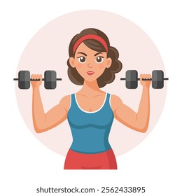 Young woman with dumbbells. Sportswoman training. Healthy lifestyle. Physical activity concept. Flat style illustration