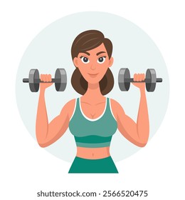 Young woman with dumbbells. Sportswoman training. Healthy lifestyle. Physical activity concept. Flat style illustration