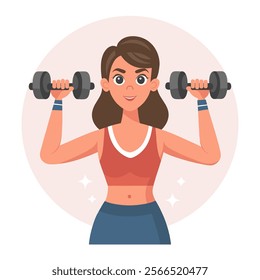 Young woman with dumbbells. Sportswoman training. Healthy lifestyle. Physical activity concept. Flat style illustration