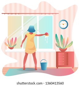 A young woman during the general cleaning washes a window in the apartment. Flat style vector illustration.