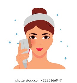 Young woman during infrared light therapy beauty salon procedure flat icon vector illustration