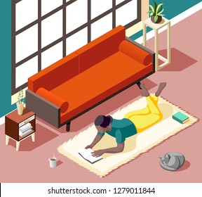 Young woman during reading lying on carpet with cat at home in weekend isometric vector illustration