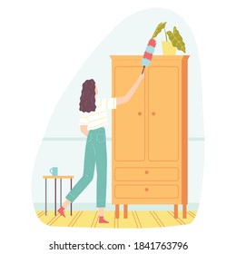 Young woman dusting with the help of cleaning sweep. Housework concept . Vector illustration for banners, posters, postcard . Cartoon style