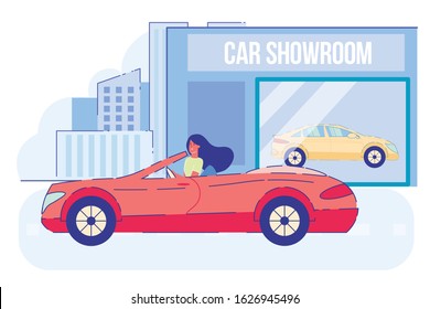 Young Woman Dweller Leaving Automobile Showroom on New Red Cabriolet Car at Summer Day. Happy Purchase. City Life, Megapolis Lifestyle Girl Driving Convertible Machine Cartoon Flat Vector Illustration