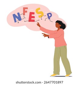 Young woman with dyslexia trying to catch running letters having difficulties to read quickly and correctly feeling stress and frustration vector illustration. People neurodiversity and disorders