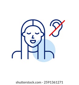 Young woman and ear crossed. Hearing impaired people accessibility. Muted user announcements. Pixel perfect, editable stroke vector icon