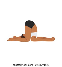 Young woman Ear Pressure Pose, Halasana Variation Knees to Floor, Deaf Mans Pose. Practice Karnapidasana. Flat vector illustration isolated on white background