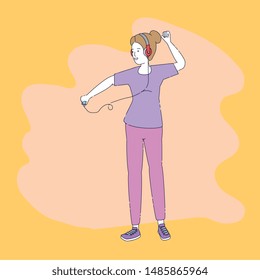 young woman with earphones and music player