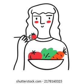 Young woman eat salad. Bowl of vegetables. Outline vector icon on white background.