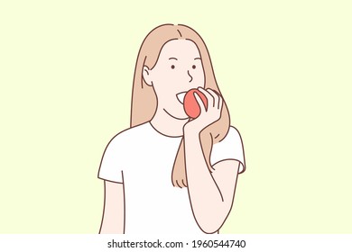 The young woman is eating an apple with a smile. Hand drawn style vector design illustration.	
