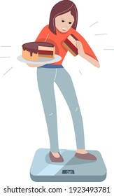 Young woman eating big peace of cake and measuring her weigh. 
