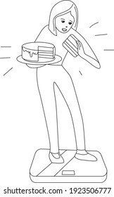 Young woman eating big peace of cake and measuring her weigh.  Black and white linear contour illustration for coloring book.