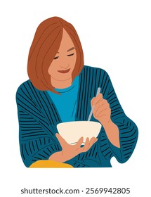 Young woman eating from bowl. Girl in blue knitted cardigan holding plate and folk or spoon . Vector flat illustration isolated on white background
