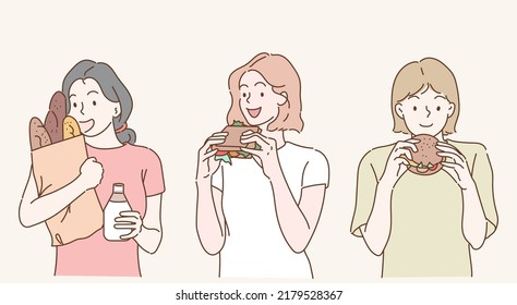 Young woman are eating bread. Hand drawn in thin line style, vector illustrations.