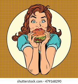 Young Woman Eating Burger, Pop Art Retro Comic Book Illustration. Restaurants And Fast Food