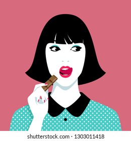 Young woman eating chocolate against pink background, simple vector illustration