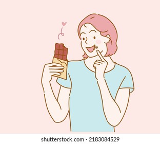 Young woman eating chocolate bar. Hand drawn in thin line style, vector illustrations.