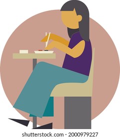 Young Woman Eating Delicious Asian Food, Cheerful Girl Sitting at Table Eating Sushi Cartoon Vector Illustration
