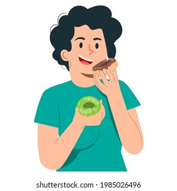 Young woman eating donuts, illustration concept.
