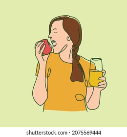 Young woman eating and drink nature healthy food. Line art style vector illustration suitable for natural healthy content