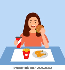 Young woman eating fast food- hamburger, French fried, fried chicken and soda drink in flat design. Hungry female eating lunch.