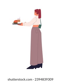 Young woman eating in fast food restaurant. Cafe visitor pick up order, holding tray in hands back view. Junk lunch, snack: hamburger, drink. Flat isolated vector illustration on white background